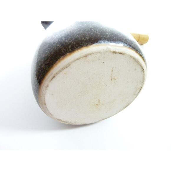 Vintage Brown Ceramic Creamer Pitcher Wood Handle, Rustic Coffee Tea Station - Picture 4 of 5